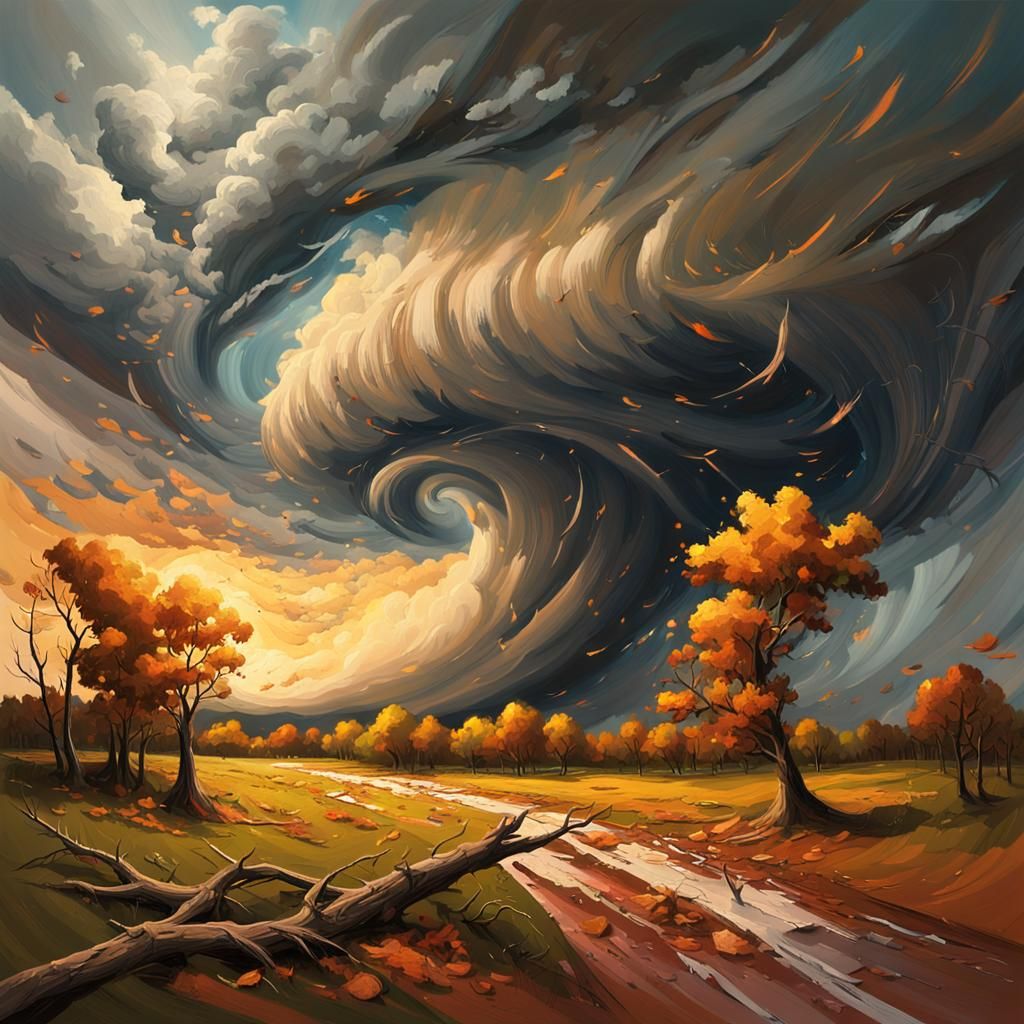 Tornado Approaches in Van Gogh Style Landscape