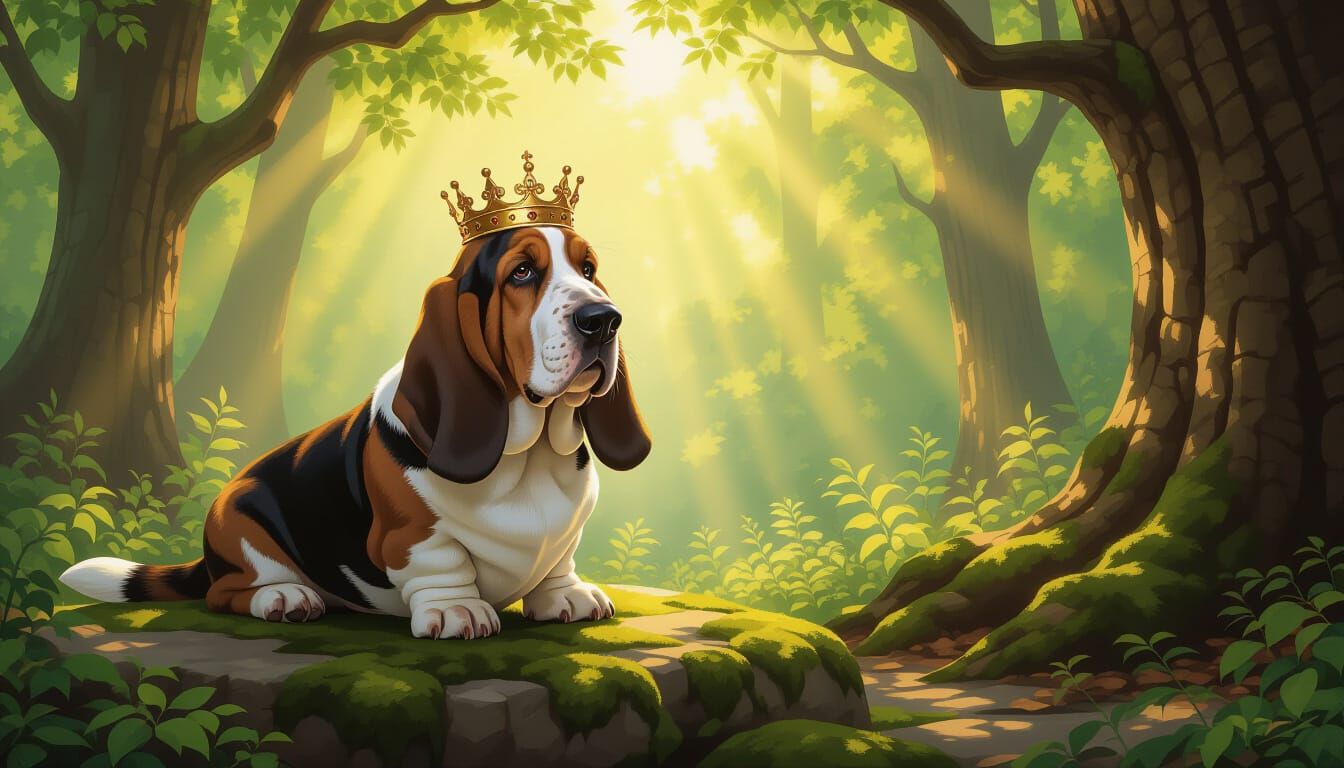 Regal Basset Hound in Crown, Forest Portrait