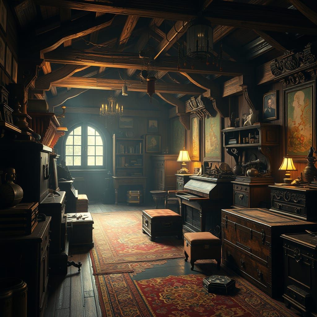 Surreal Anime-Style Attic Scene with Mysterious Artifacts