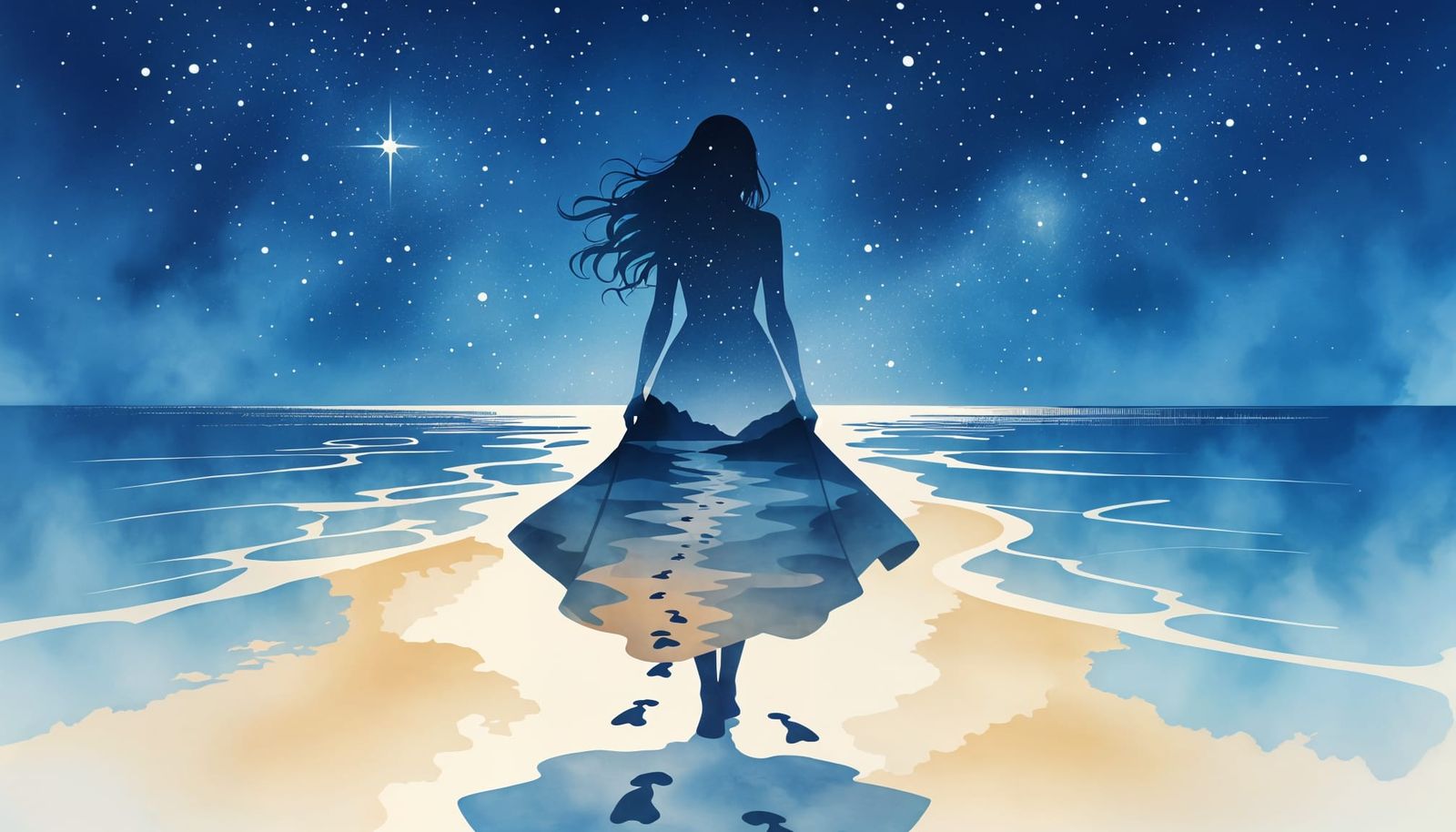 Ethereal Silhouette with Beach Footprints, Watercolor Style