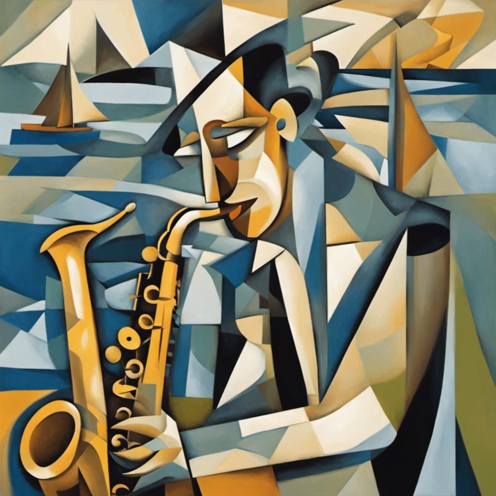 Cubist Saxophone Player on River Boat