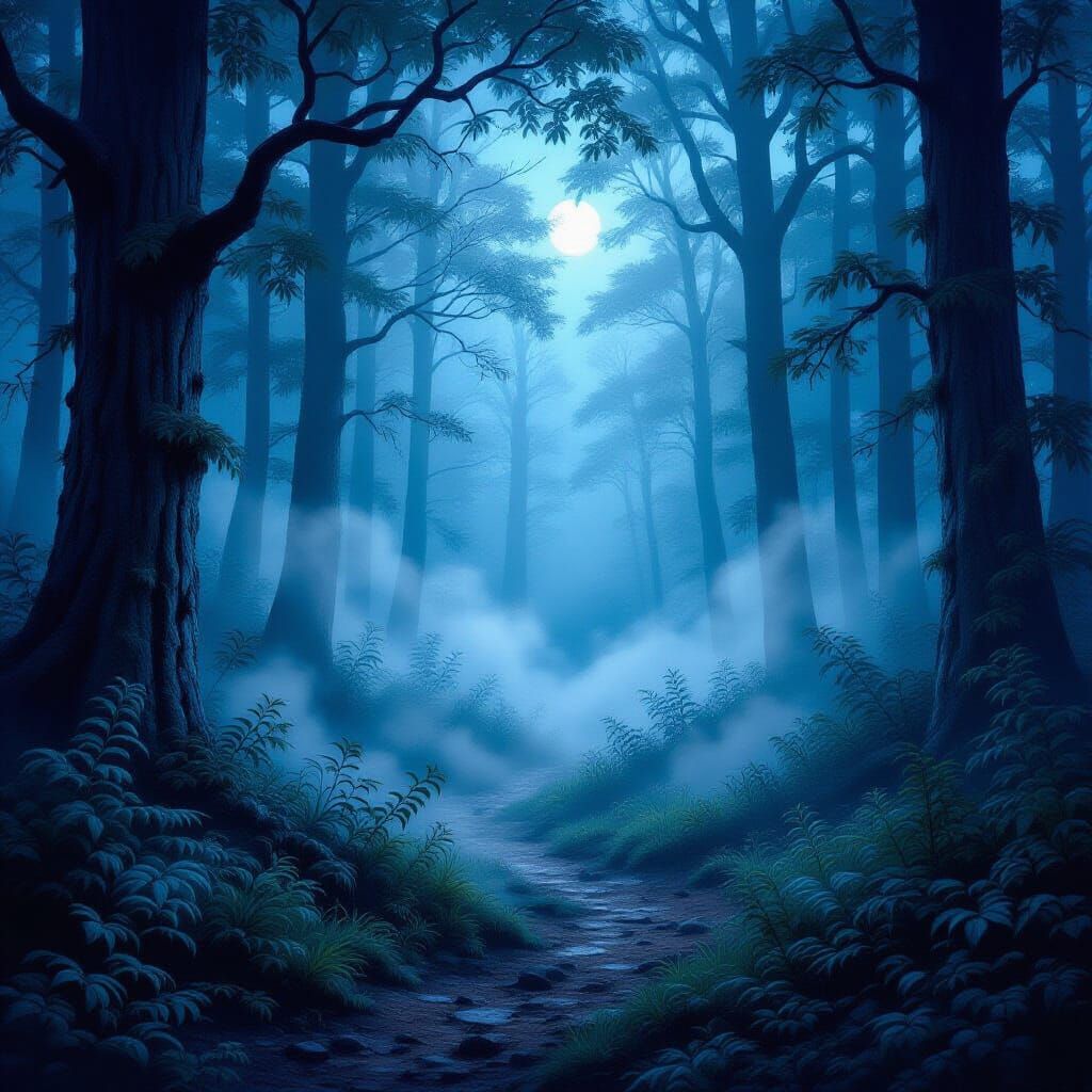 Ethereal Fantasy Forest Scene in Thomas Kinkade Style