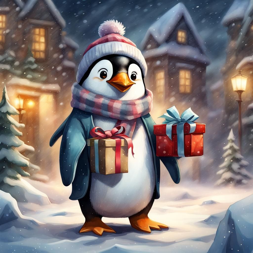 Watercolor Penguin with Gift in Winter Clothing