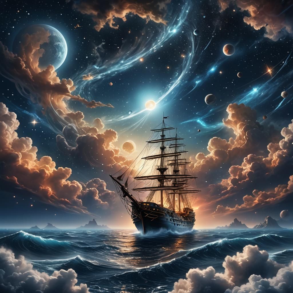 Ship Sails Through Starry Night Sky in Digital Art