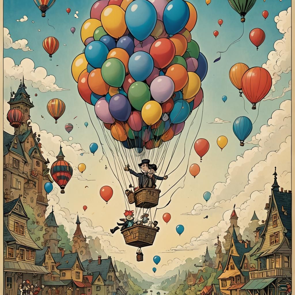 Balloon Fantasy Movie Poster in Rube Goldberg Style