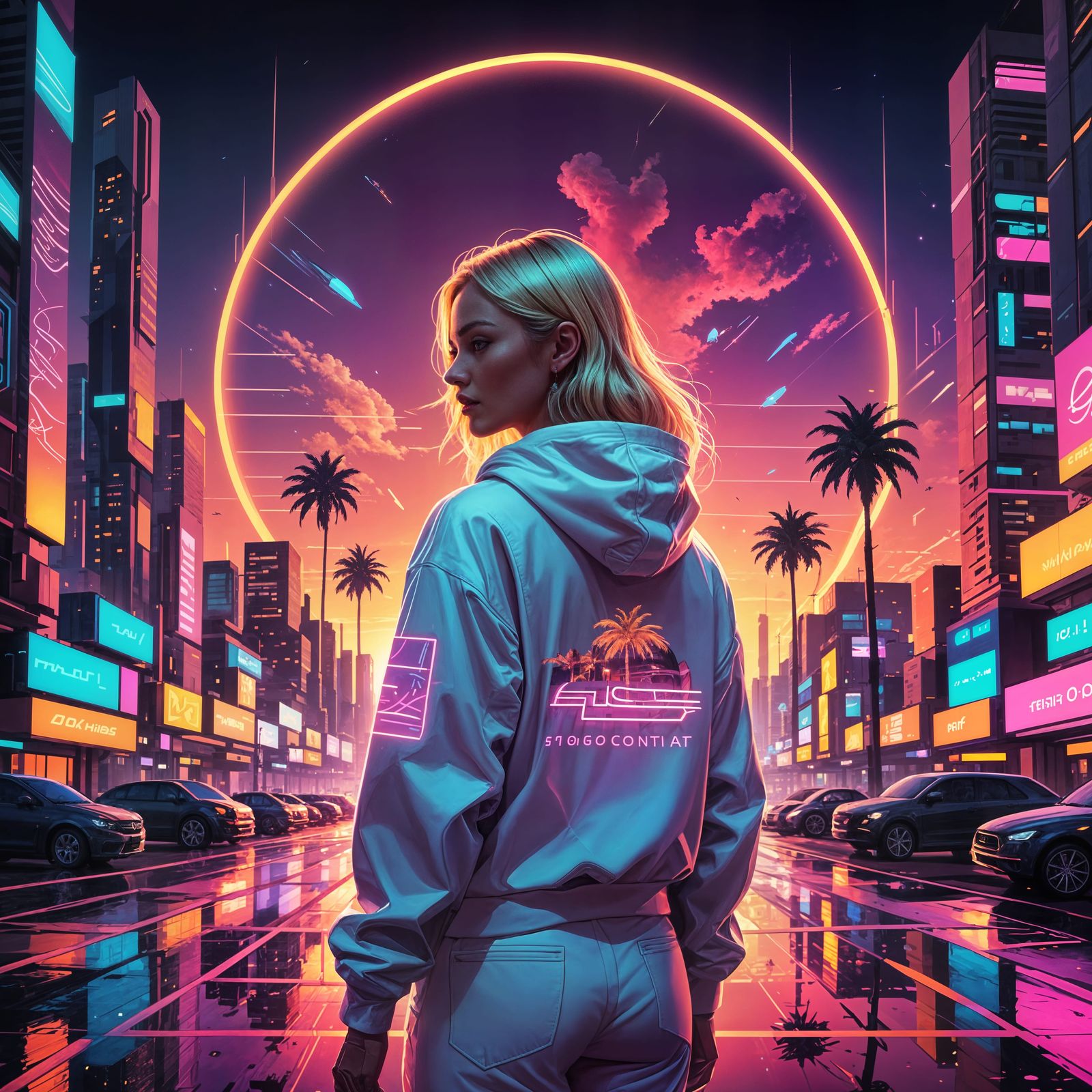 Girl in Neon Cityscape in Synthwave Style