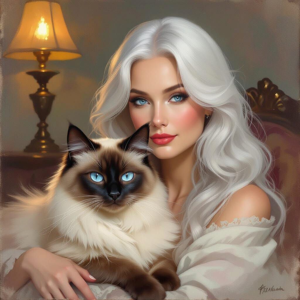 Siamese Cat Rests on Silver-Haired Woman's Lap