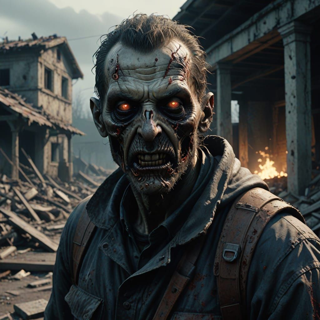 Hyperrealistic Bosnian Zombie in Desolate Ruins