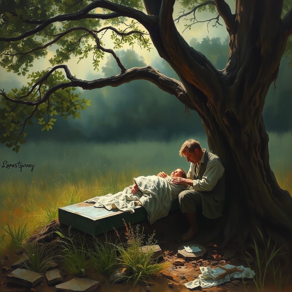 Man Buries Wife As Daughter Is Born, Expressive Oil Painting