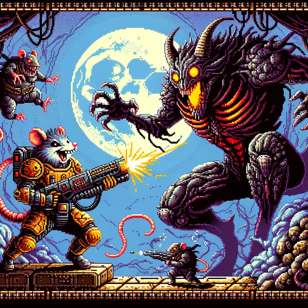 8-bit Rat-Hero's Final Battle in Retro Arcade Style