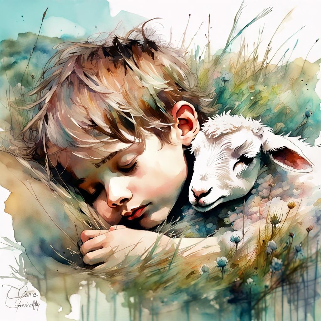 Chibi Boy Sleeping with Lamb: Watercolor Meadow