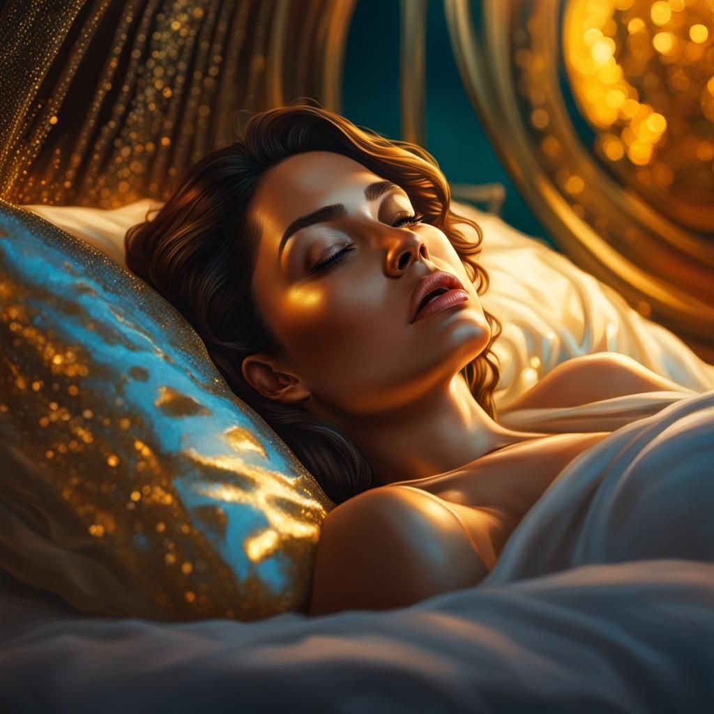 Woman Sleeping on Golden Bed: Hyperrealistic Splash Art
