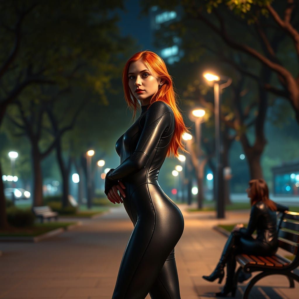 Red-Haired Woman in Futuristic Urban Park