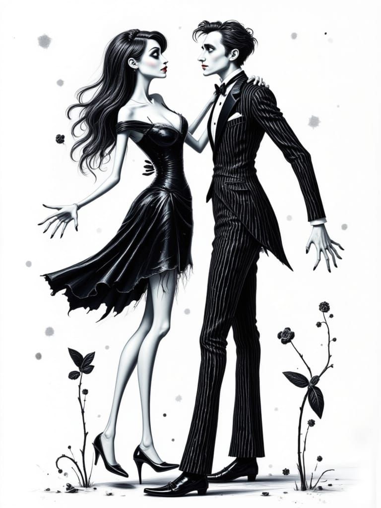 Dancing Couple in Black and White Illustration
