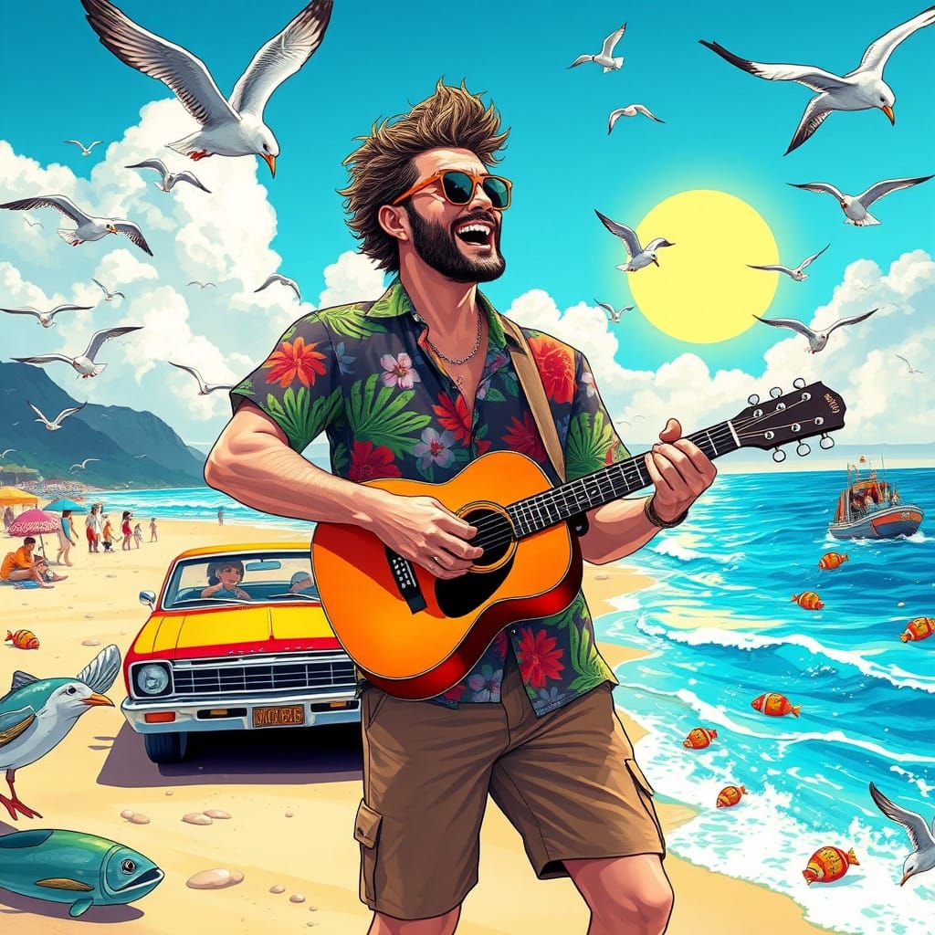Charismatic Singer on Vibrant Beach with Chevrolet and Leapi...
