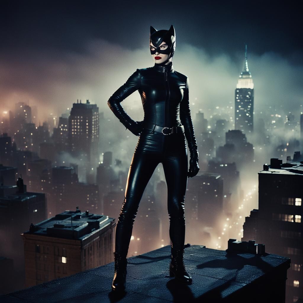Catwoman in Noir Style on Gotham Rooftop