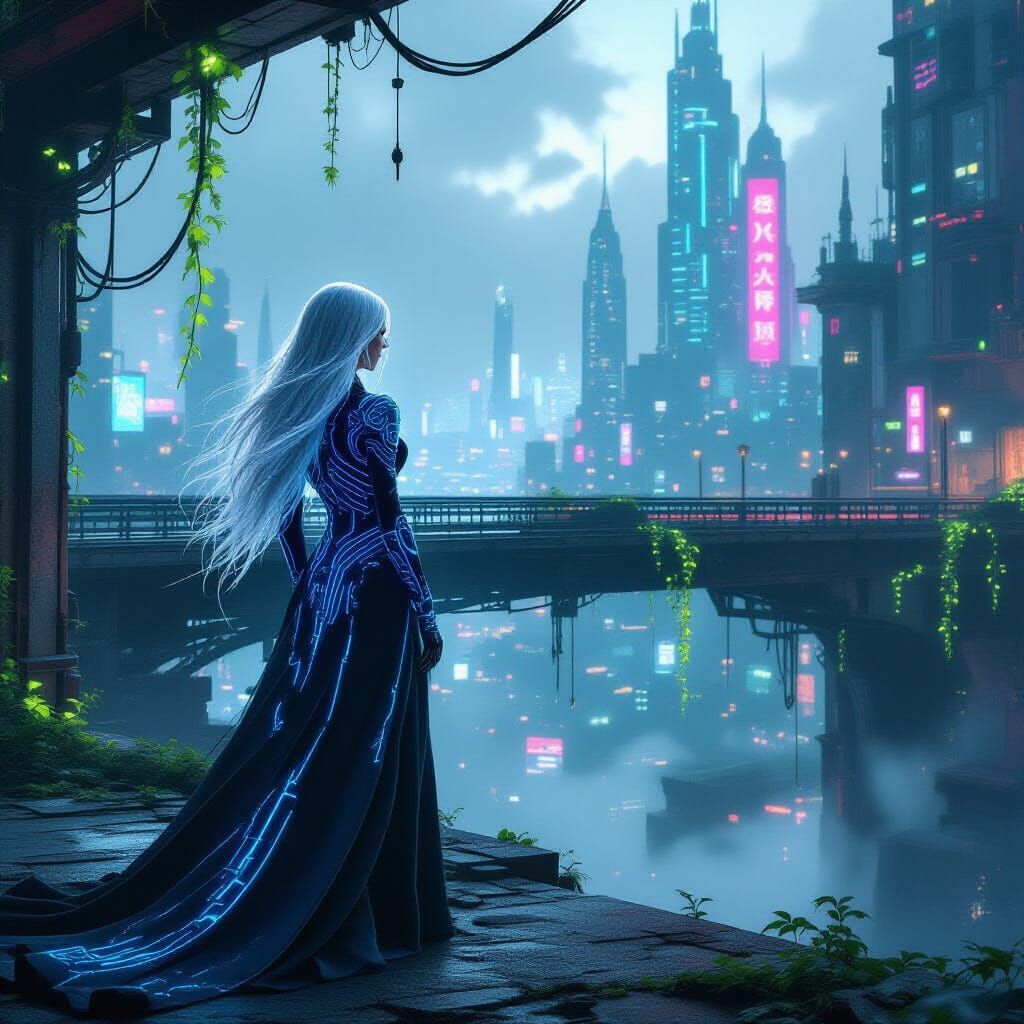 Elegant Woman Overlooking Futuristic City in Chiaroscuro