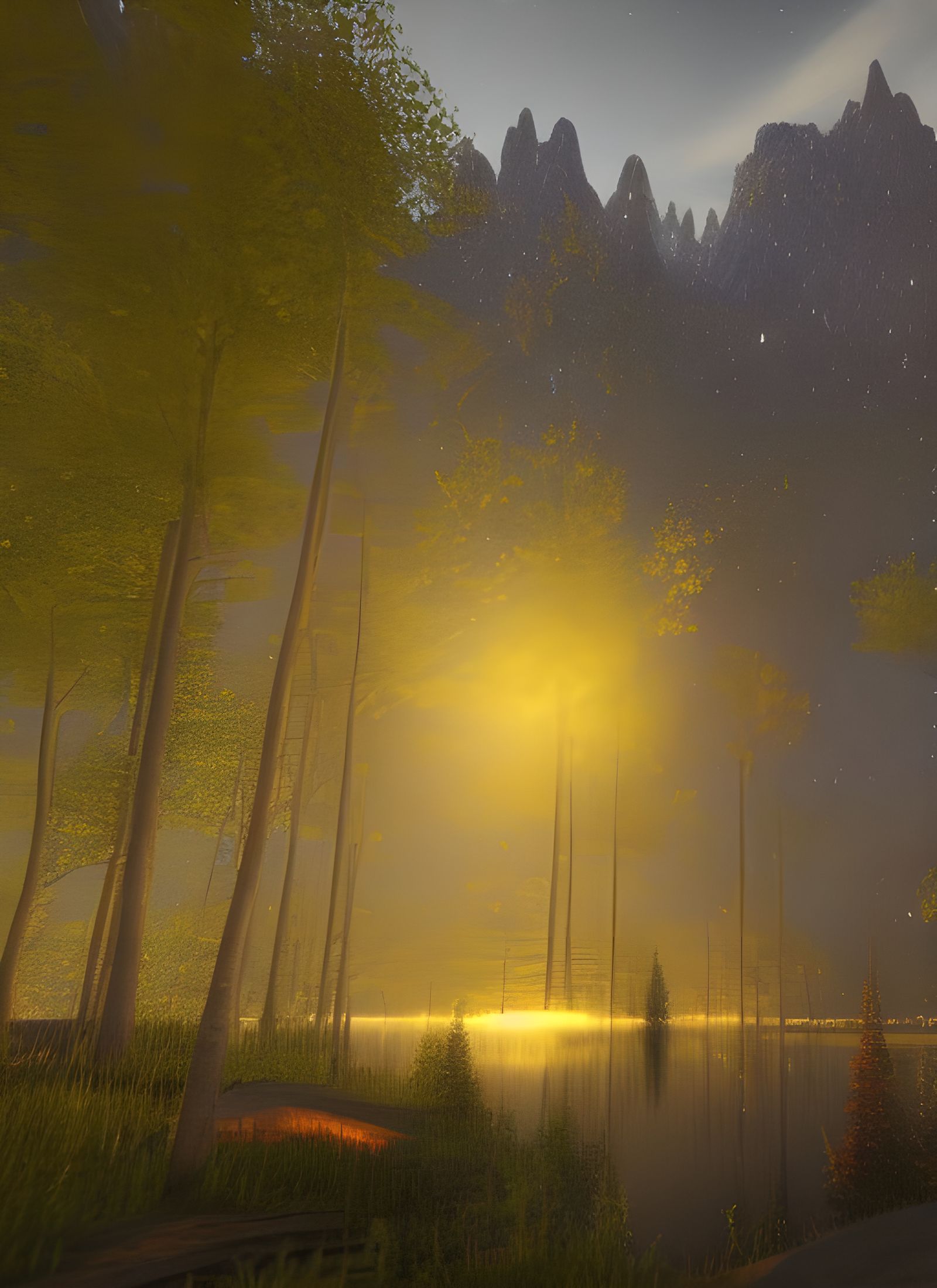 Ethereal Sunset Landscape with Volumetric Lighting