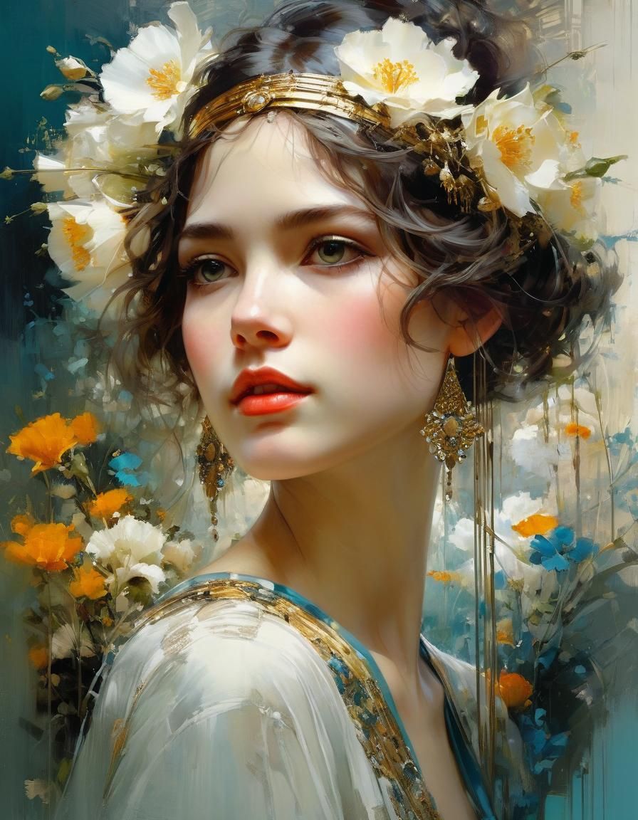 Art Nouveau Portrait of a Woman with Flowers