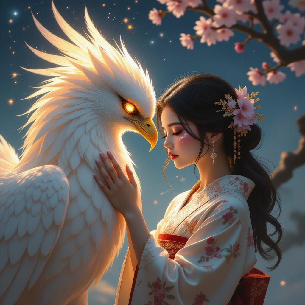 Phoenix and Girl Embrace Under Starry Sky