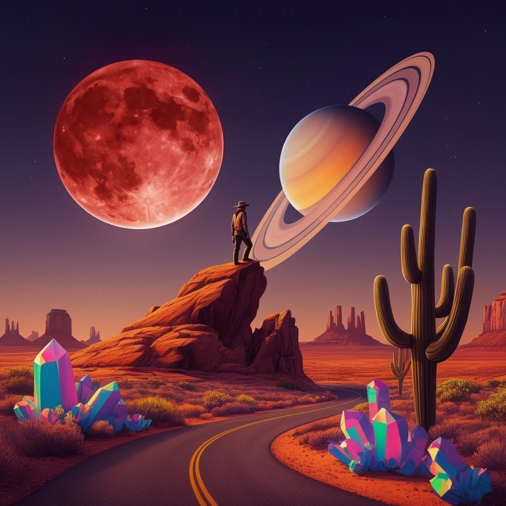 Surreal Wild West Cosmic Fantasy Landscape in Vibrant, Blood...