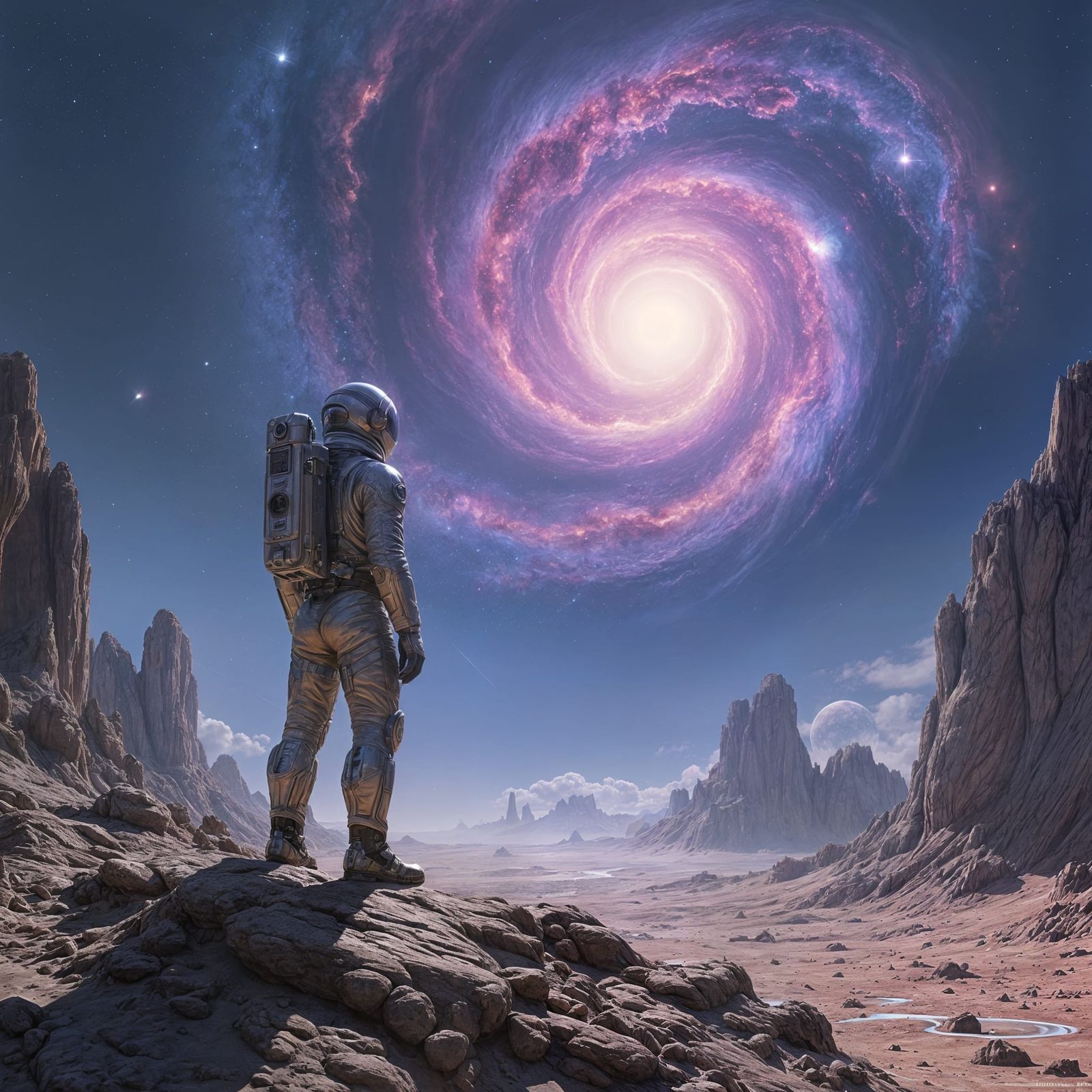 Astronaut on Alien Planet Gazing at Nebula