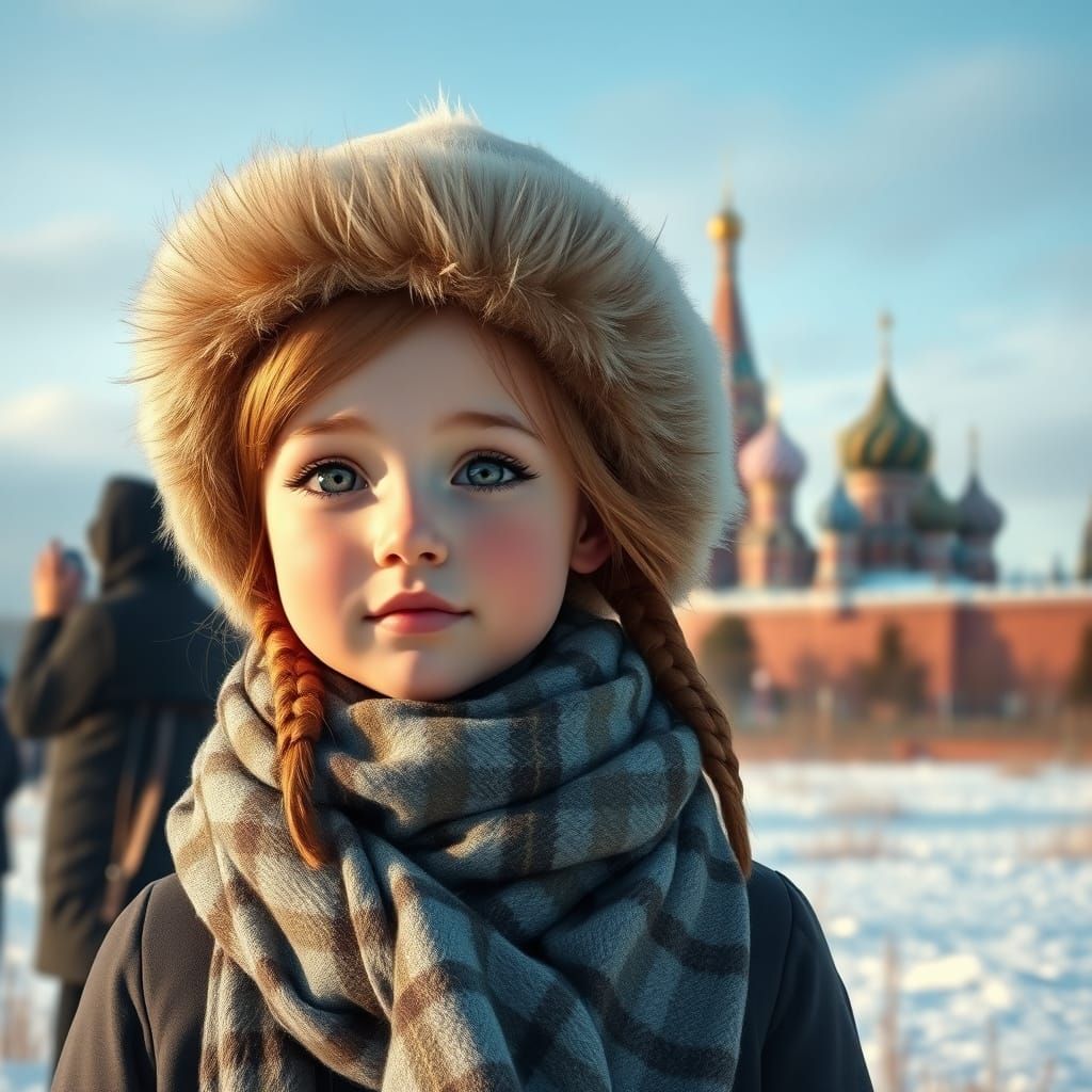 Young Girl in Fur Hat in Tundra with Kremlin View