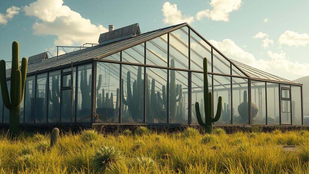 Surreal Village Scene with Desert Greenhouse and Old Bicycle