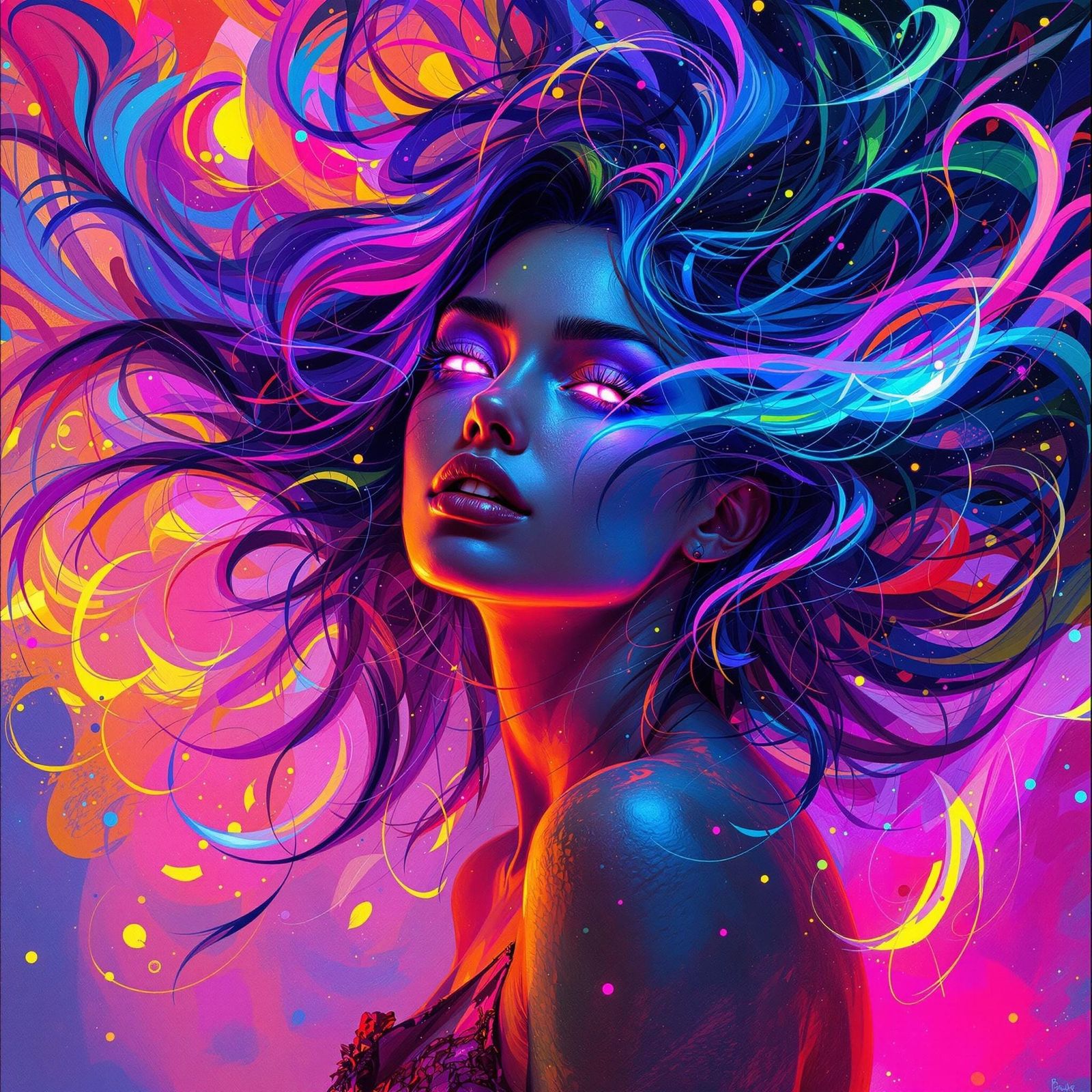 Glowing Woman in Neon Portrait with Ethereal Energies