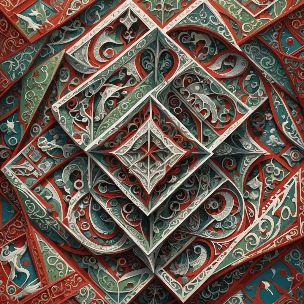 Escher-Inspired Geometric Square on Red Background