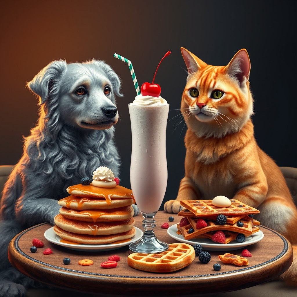 Dog and Cat Breakfast in Detailed Matte Painting Style