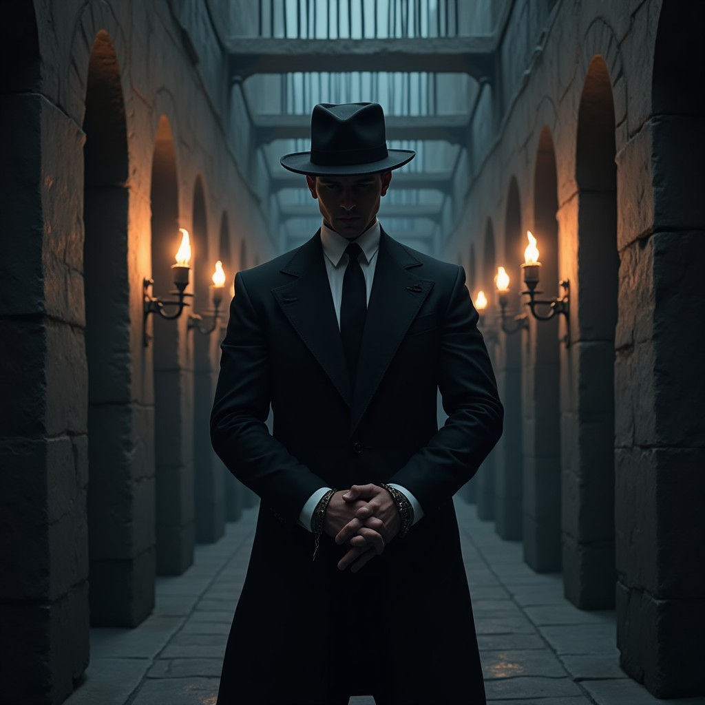 Brooding Man Behind Bars: Dark Fantasy Matte Painting