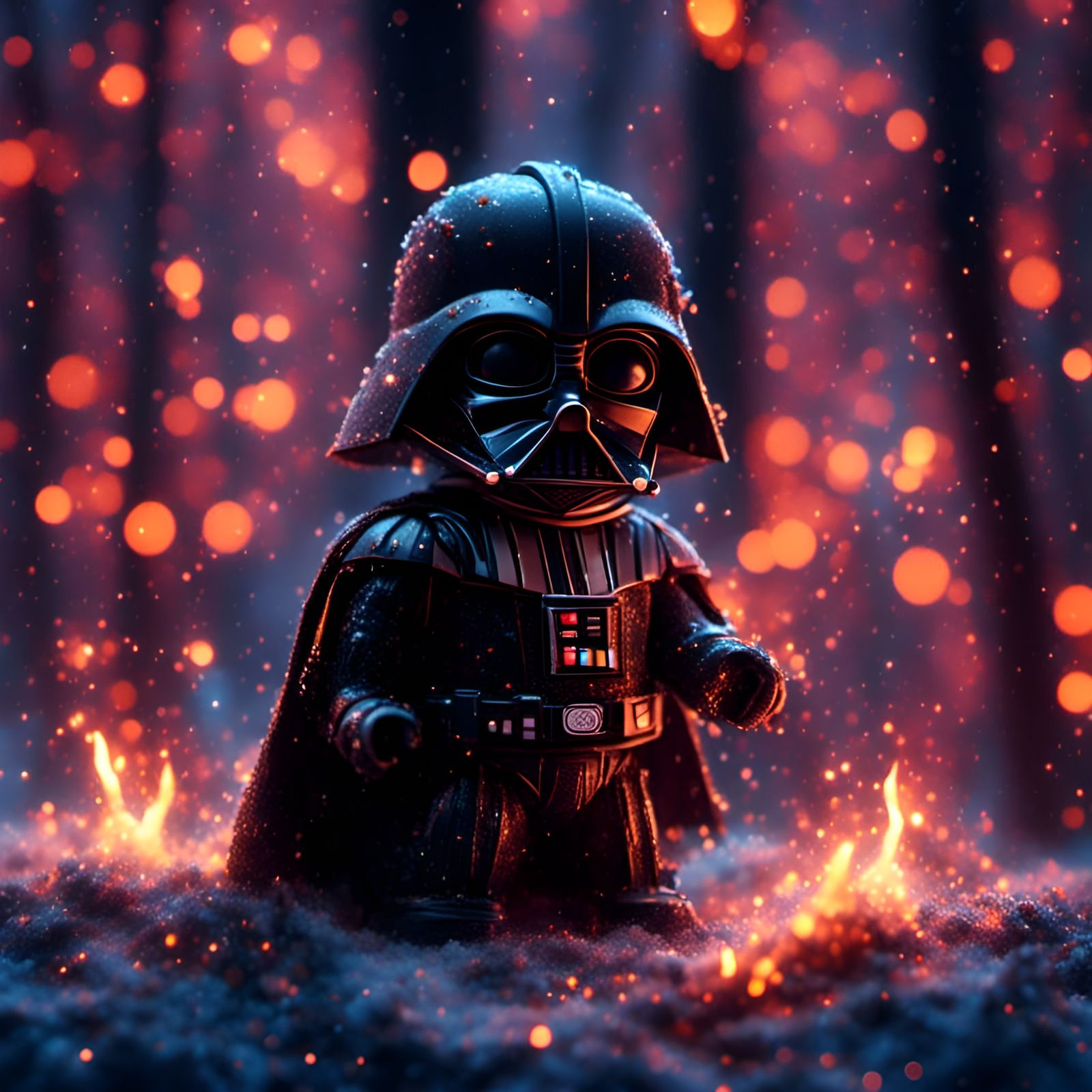 Cute Mini Darth Vader in Burning Forest