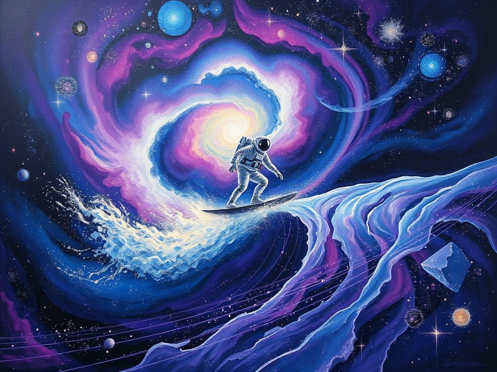 Cosmic Surfer in Vibrant, Otherworldly Textures