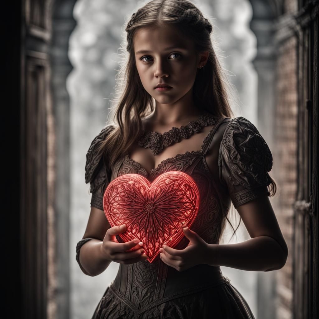 Girl and Heart in Hyperrealistic Style