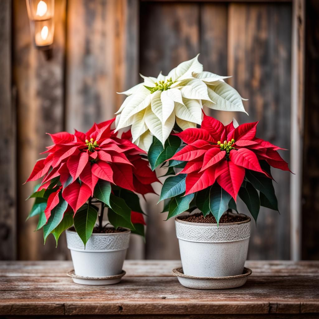 Poinsettia Plants on Antique Table, Professional Photography