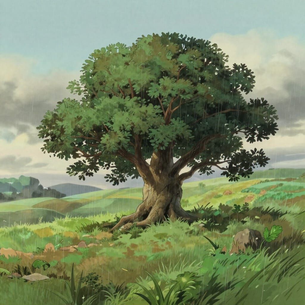 Ancient Gnarled Tree in Gentle Rain