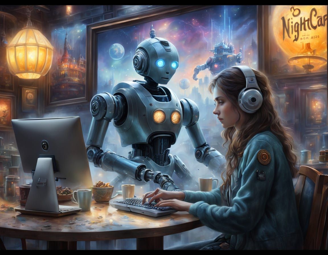 Ethereal Cafe Scene with Robot and AI Art
