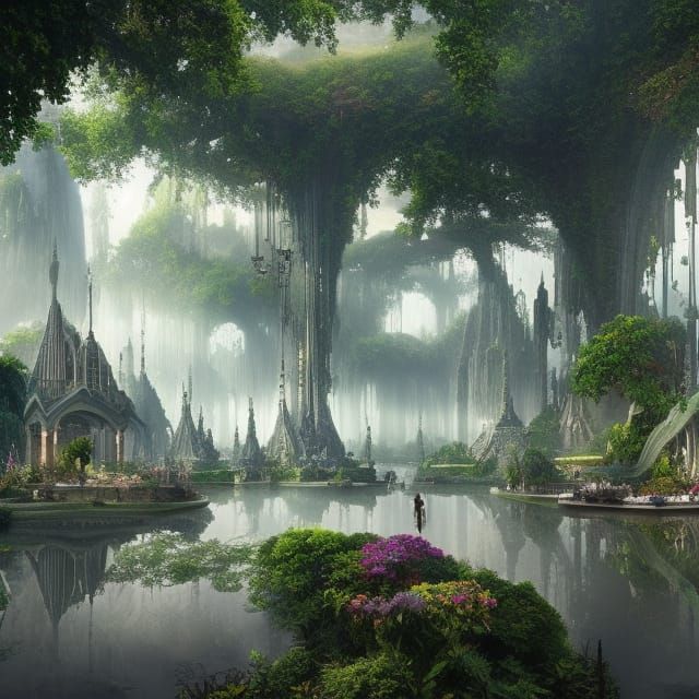 Utopian Cityscape with Floating Gardens: Digital Painting