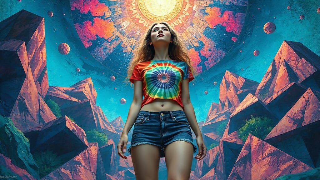 Fantasy Woman in Surreal Realm: Impasto and Geometric Art