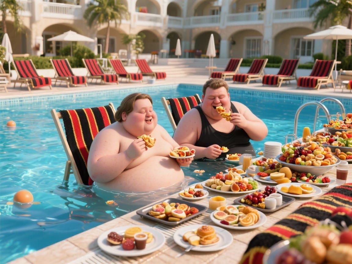 Obese German Couple Enjoying Resort Pool