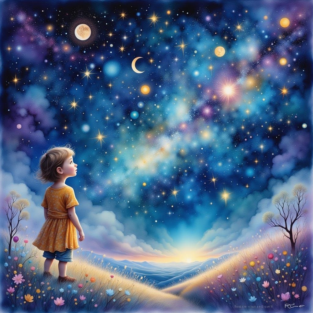 Child Gazes at Starry Sky on Aged Paper