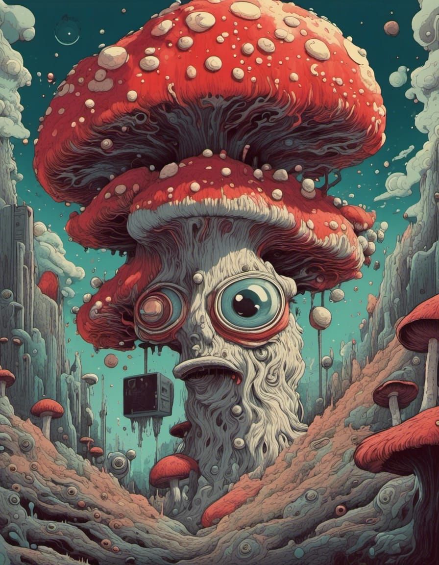 Crimson Capped Mushroom Monster in Retrofuturistic Poster Ar...