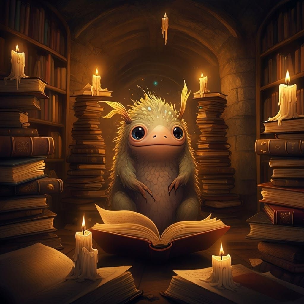 Whimsical Portrait of a Storybook Creature in a Cozy Library