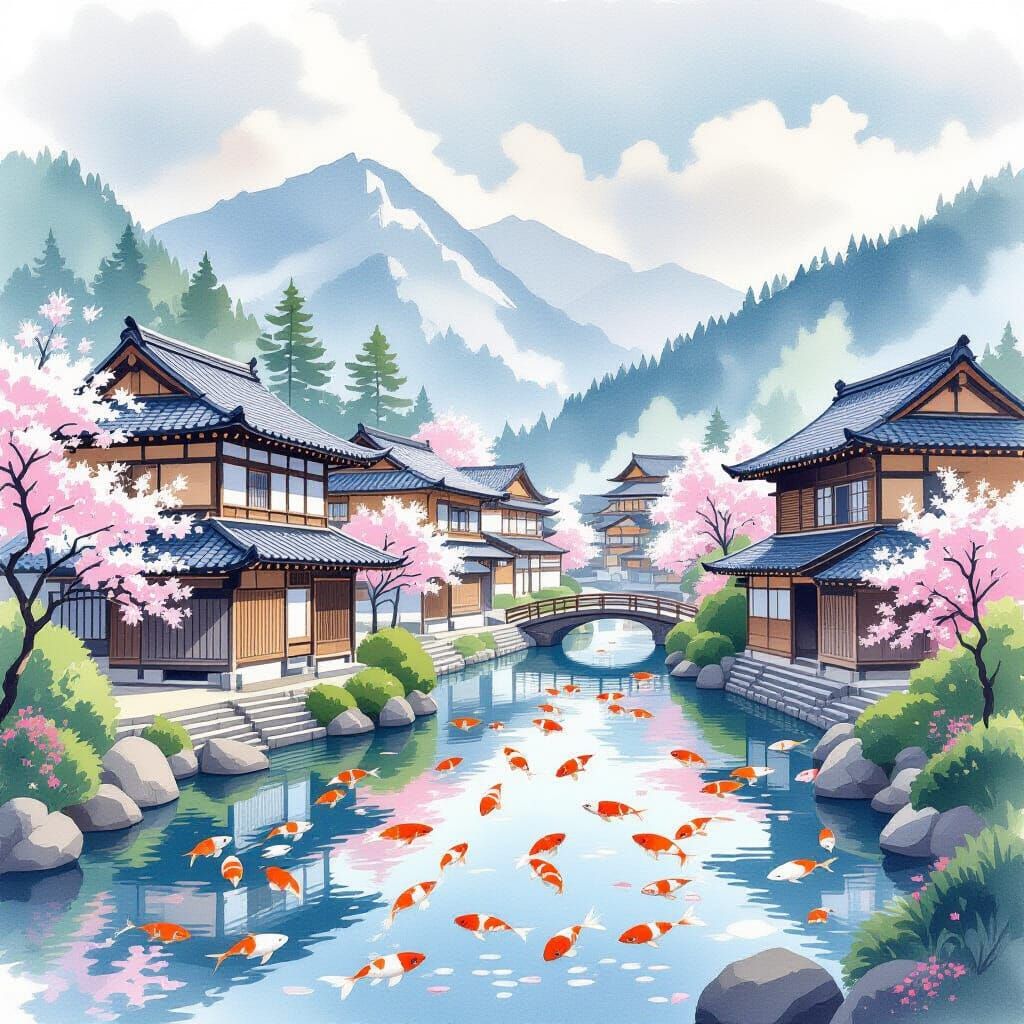 Serene Japanese Village in Watercolor Style