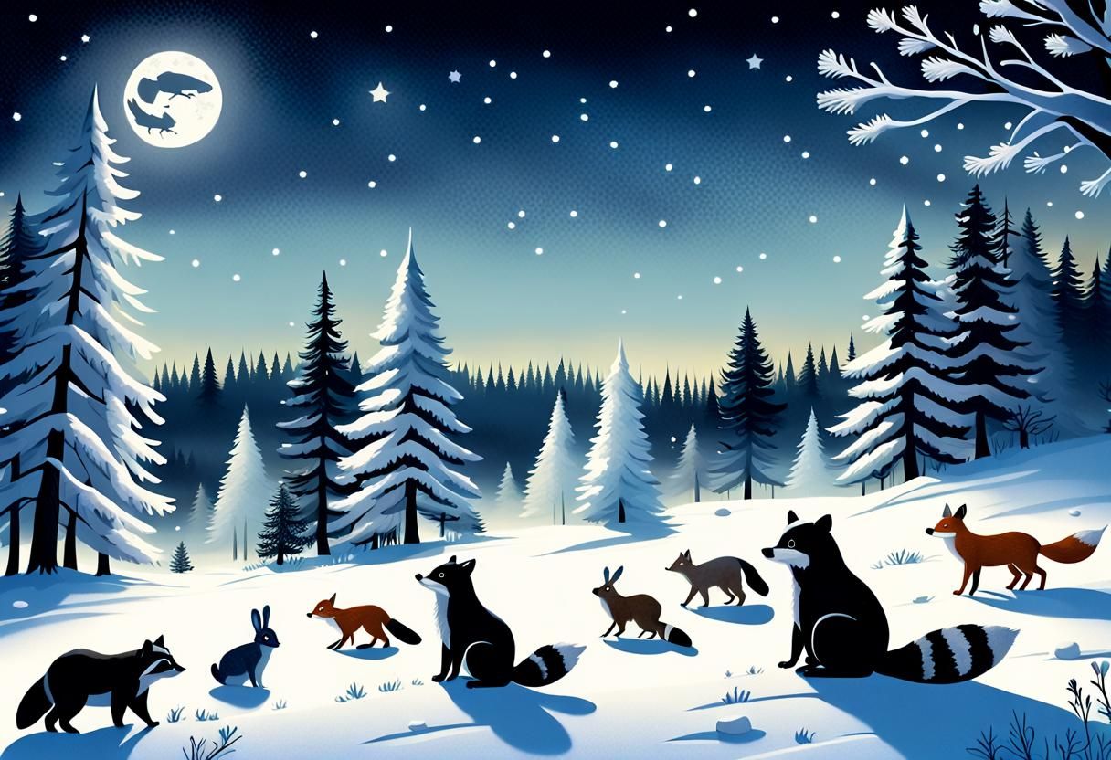 Whimsical Wildlife Gather in Winter Wonderland Under Full Mo...
