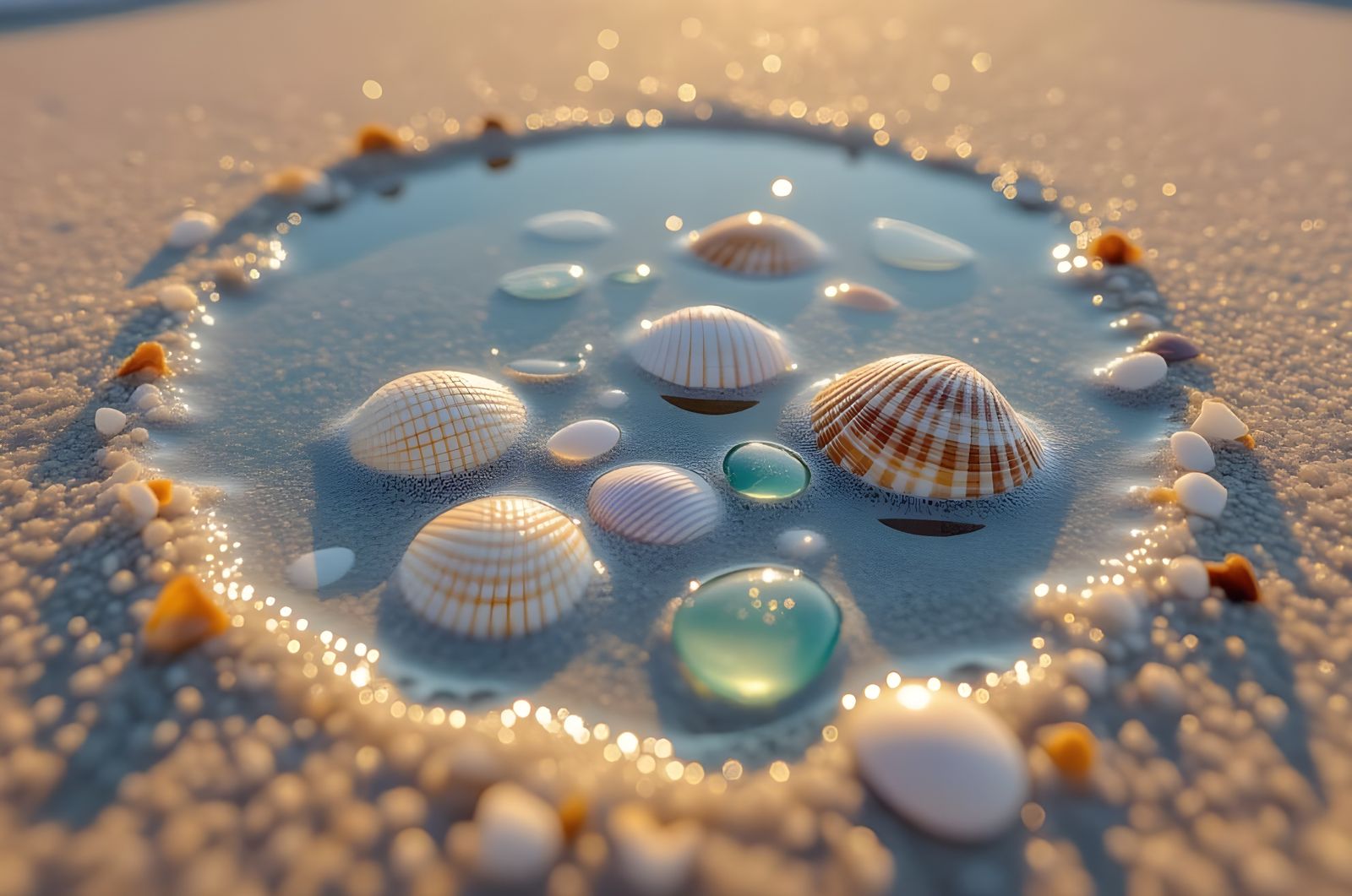 Tiny Seashell Puddle on Beach Sand