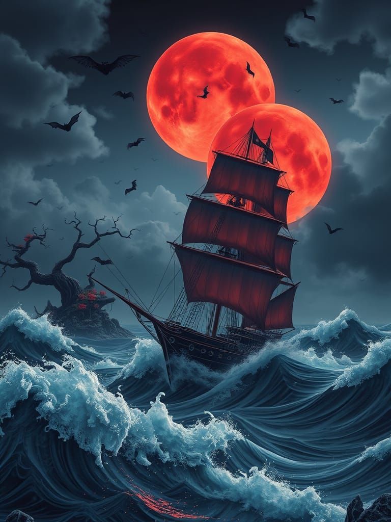 Chinese Ship Sails Under Red Moon, Surreal Style