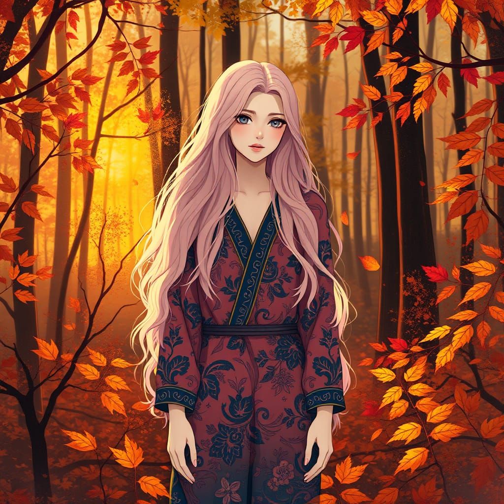 Autumn Forest Woman in Dreamlike Anime Style
