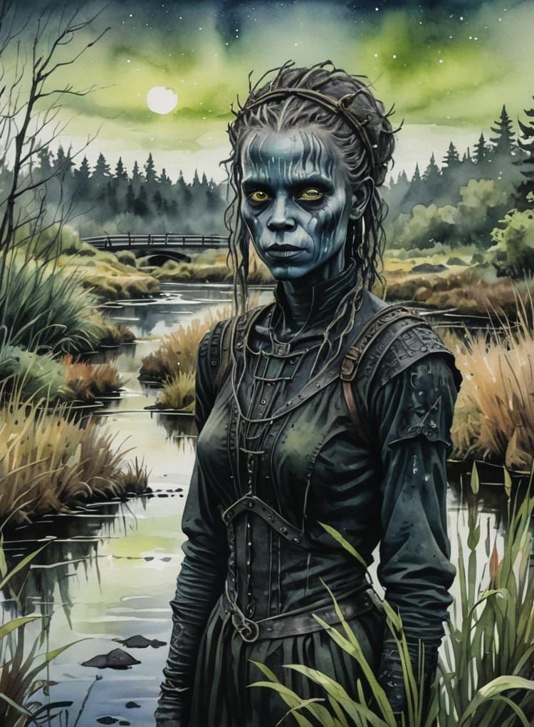 Black Annis Portrait in Aurora Punk Watercolor